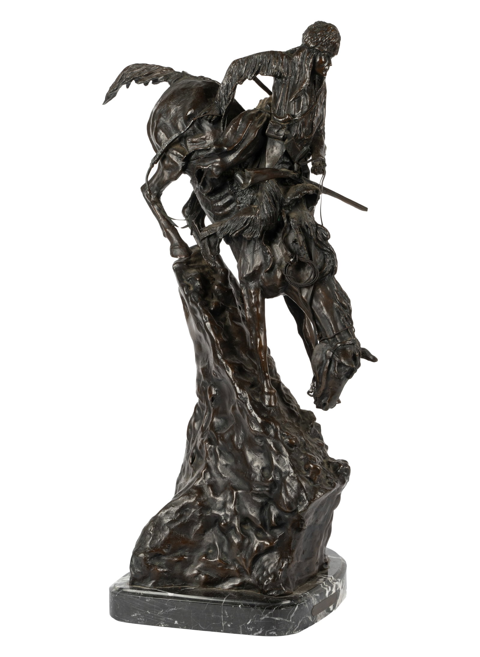 After Frederic Remington (1861-1909): Mountain Man: bronze; signed "Copyright by Frederic Remington" in casting Overall: 29 x 16 1/4 x 12 1/2 in. (73.7 x 41.3 x 31.8 cm.)