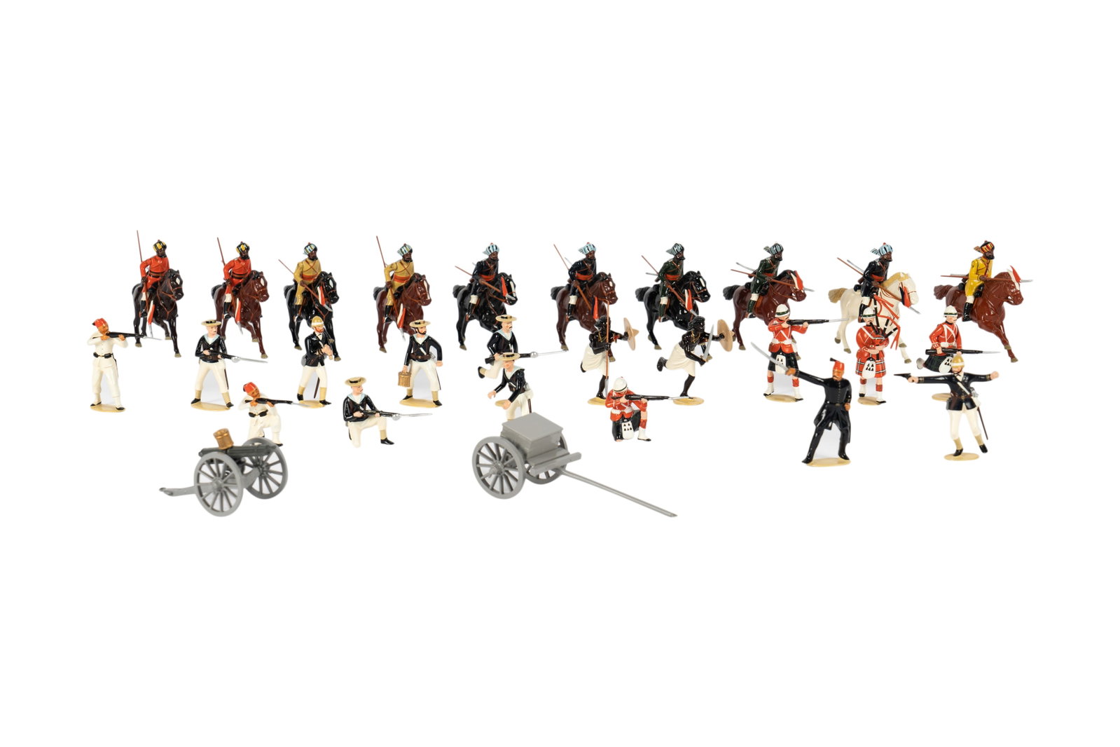 Imperial Productions Egypt/Sudan Soldier Miniatures: New Zealand; hand-painted diecast metal; comprising set no.46 Beja Warriors Sudan (1880-98), 2 no. 50 13th Bengal Lancers (blue, 1882), no. 50a 6th Bengal Cavalry (tan, 1882), no. 50b 1st Bengal Caval
