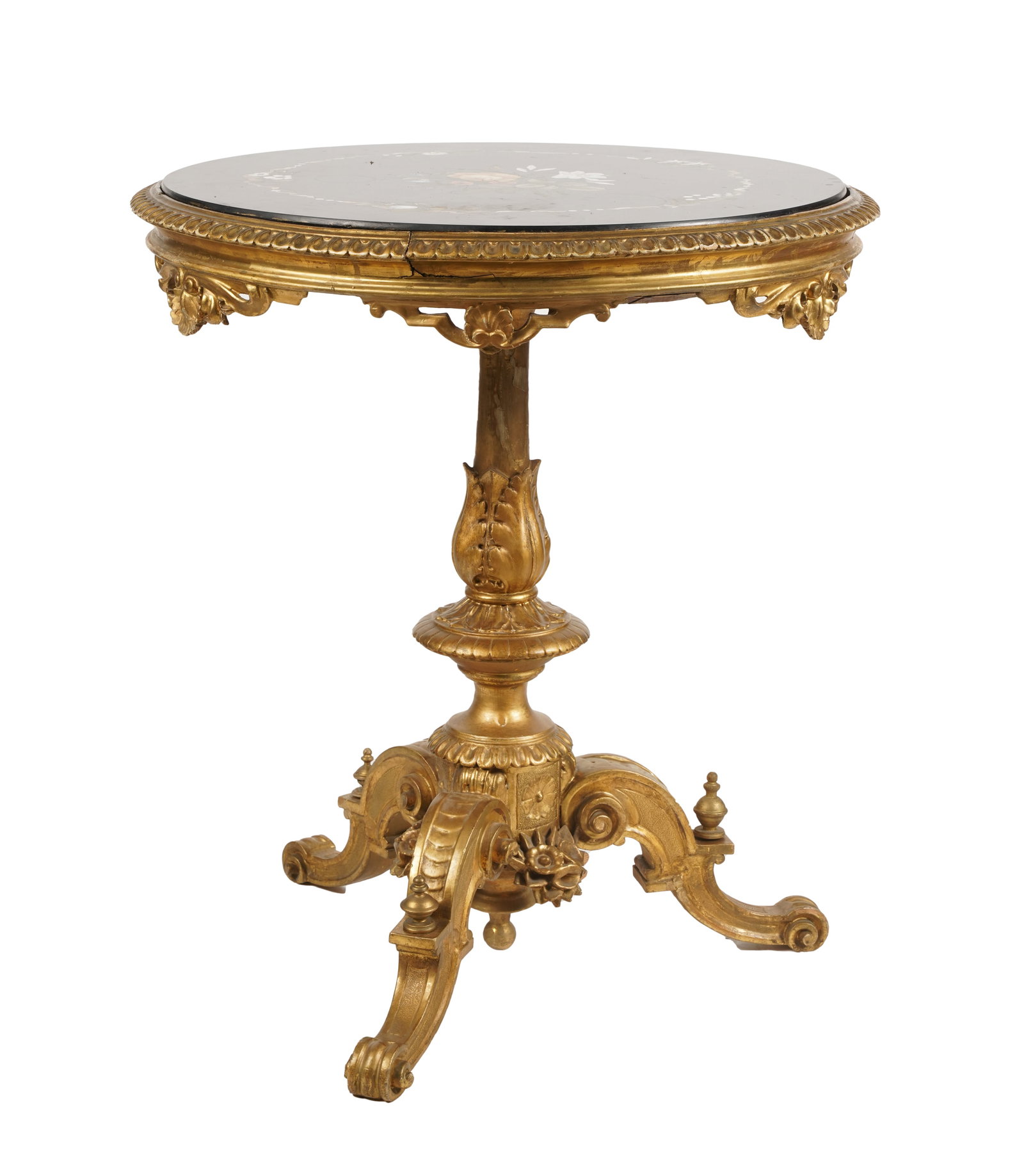 Pietra Dura and Giltwood Center Table: on a tripartite base 31 1/4 x 27 1/4 x 27 1/4 in. (79.4 x 69.2 x 69.2 cm.)