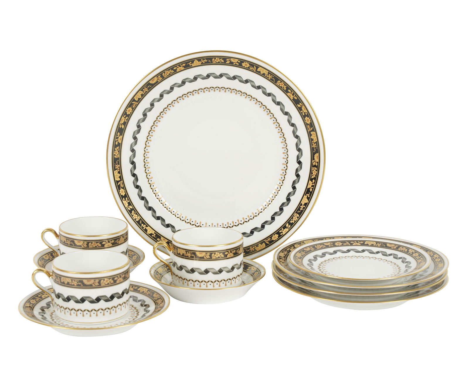 Richard Ginori Porcelain Service: "Pincio" pattern; comprising 11 flat cups (2 1/4 in. high), eight saucers (5 in. dia.), 12 bread and butter plates (6 1/4 in. dia.), 12 luncheon plates (7 1/2 in. dia.) and 13 dinner plates (10 1/2 in