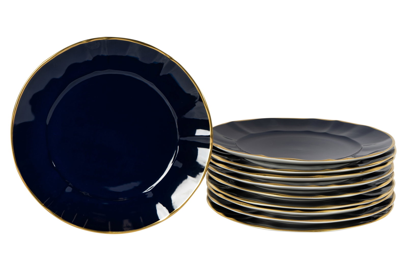 Set of 10 Anna Weatherley Porcelain Chargers: cobalt blue with 24k gold trim; printed and painted factory marks, the majority retianing retailer's adhesive label 12 3/4 in. (32.4 cm.) dia.