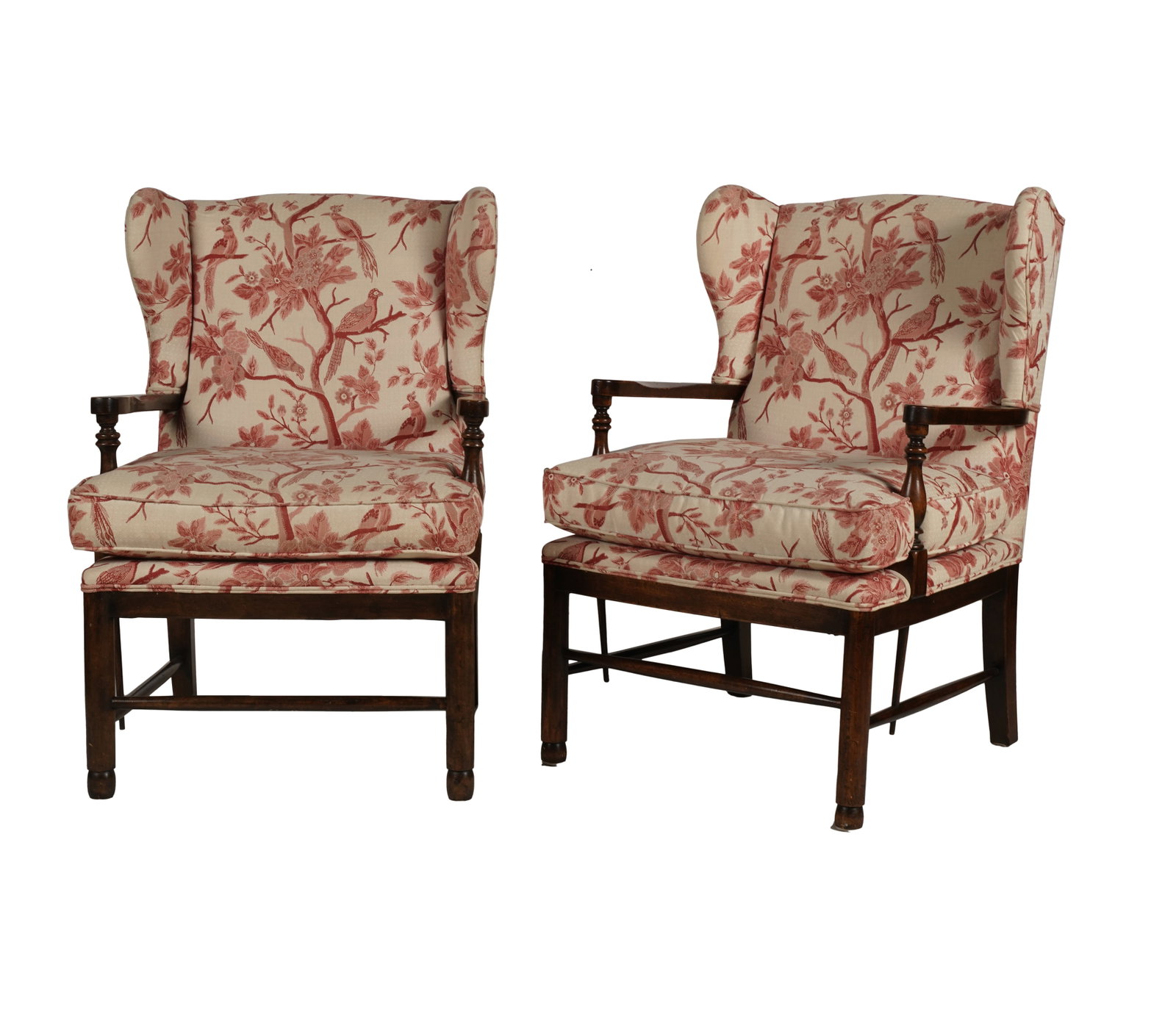Pair of Upholstered Stained Wood Wing Armchairs: 20th century 37 x 25 x 25 in. (94 x 63.5 x 63.5 cm.), Seat Height: 20 in. (50.8 cm.)