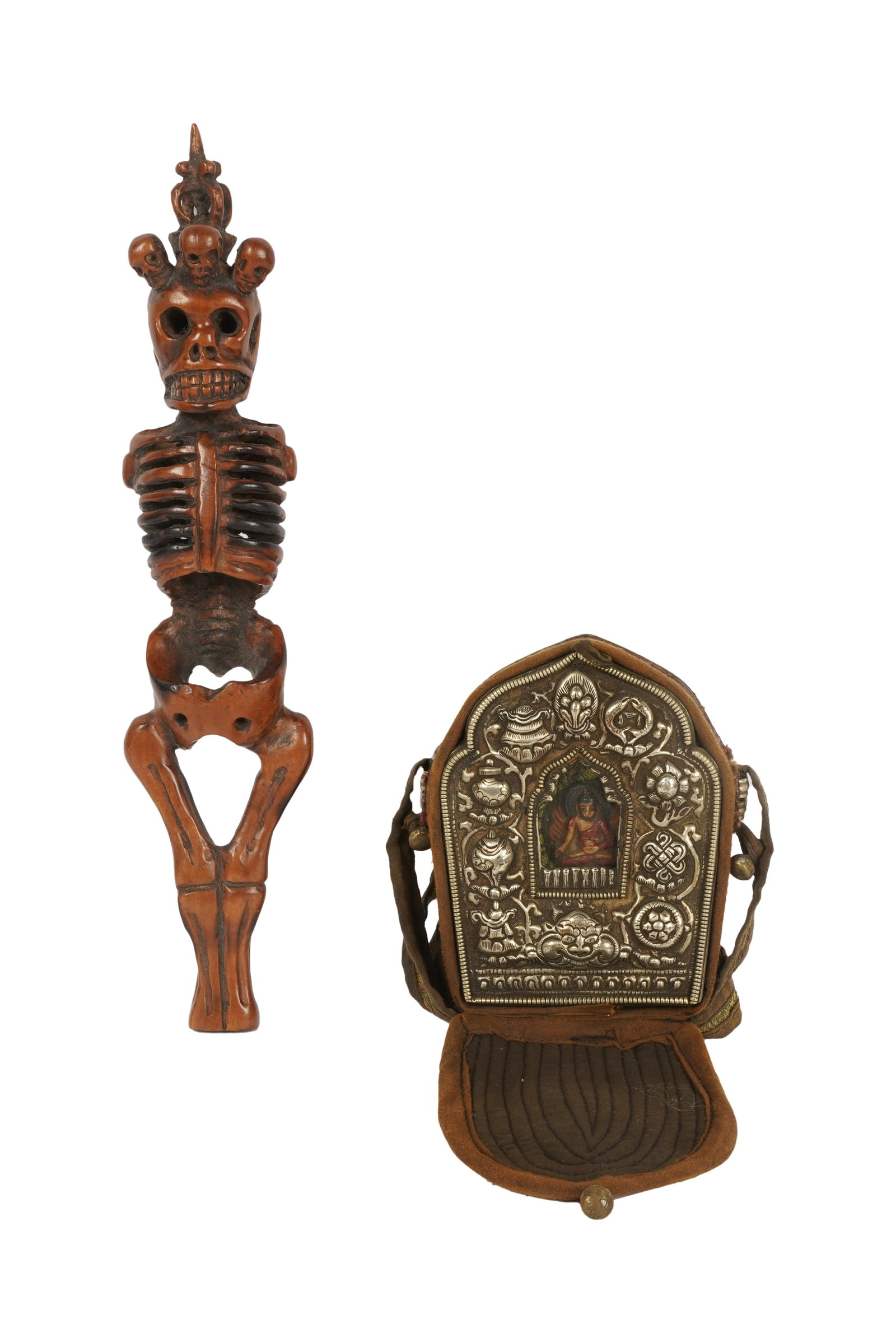 Tibetan Shrine and Skeleton: the shrine in an embroidered case Shrine case excluding strap: 5 x 4 x 2 in. (12.7 x 10.2 x 5.1 cm.), Skeleton: 12 x 2 1/2 x 2 in. (30.5 x 6.4 x 5.1 cm.)