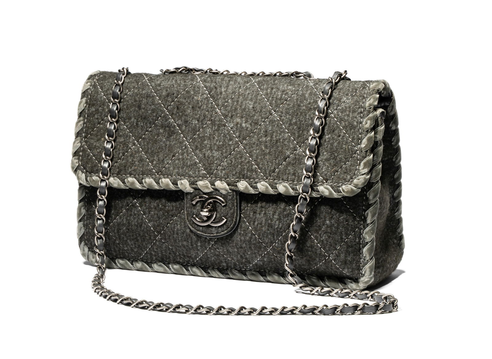 Chanel Grey Felt Wool Whipstitch Timeless Classic Flap Bag (1 of 10)