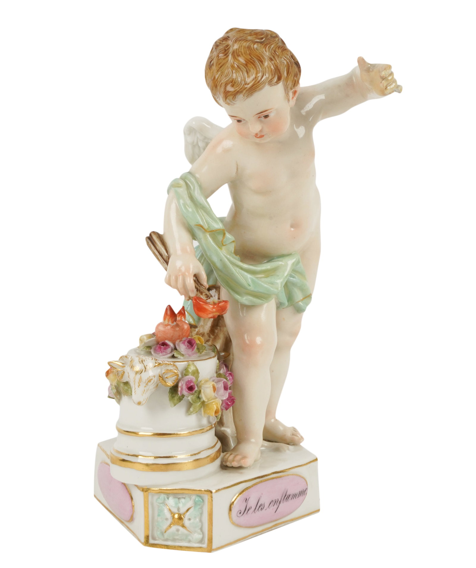 Meissen Porcelain Figure of Cupid: inscribed to base "Je les enflamme"; blue crossed swords mark, impressed "14" and incised letter and number 5 1/4 in. (13.3 cm.) high