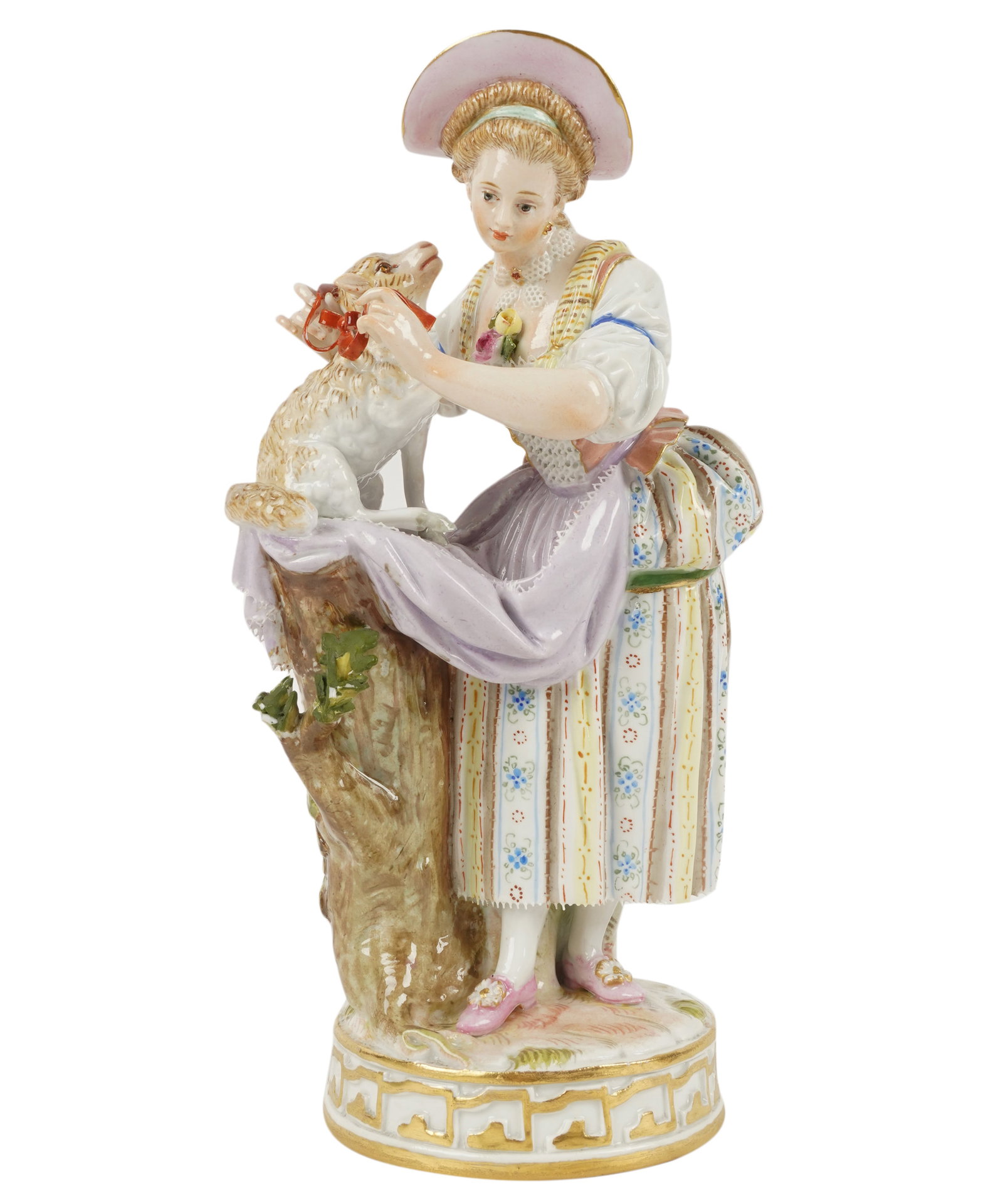 Meissen Porcelain Figure of a Shepherdess with Lamb: blue crossed swords mark 7 1/4 in. (18.4 cm.) high