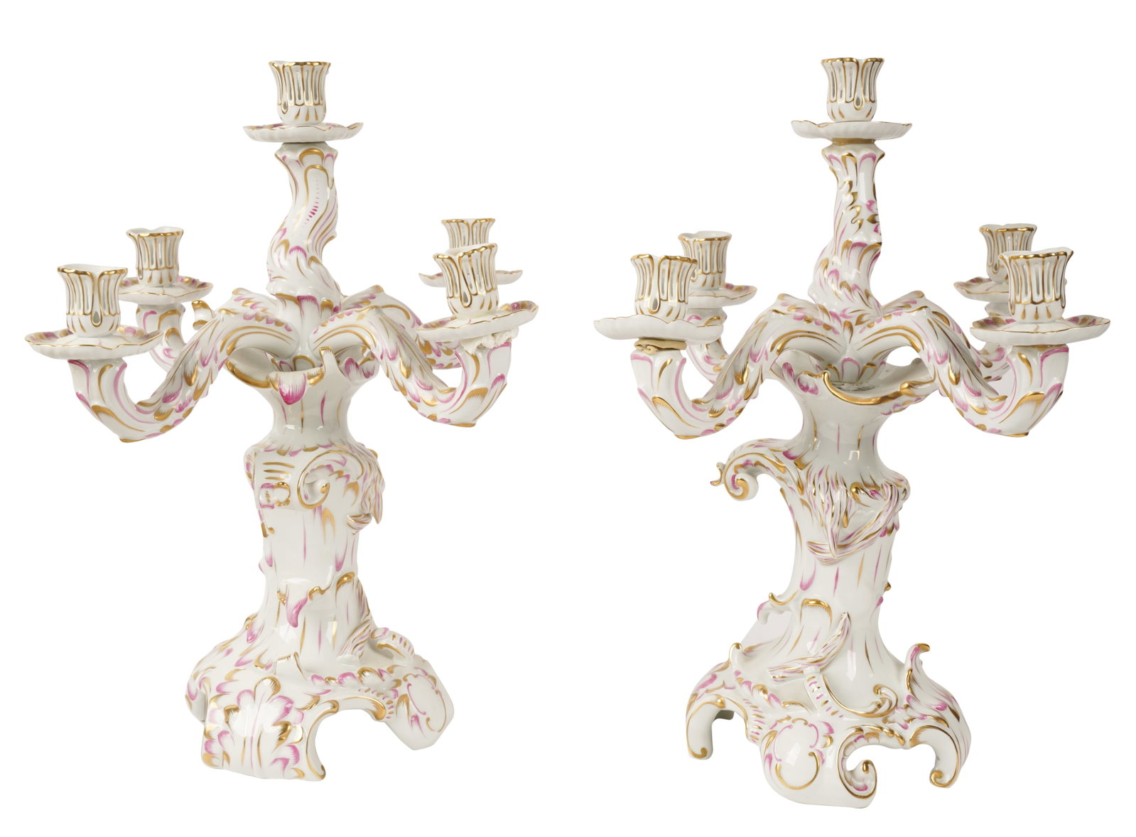 Pair of Herend Porcelain Five-Light Candelabra: with factory marks 17 x 14 in. (43.2 x 35.6 cm.)