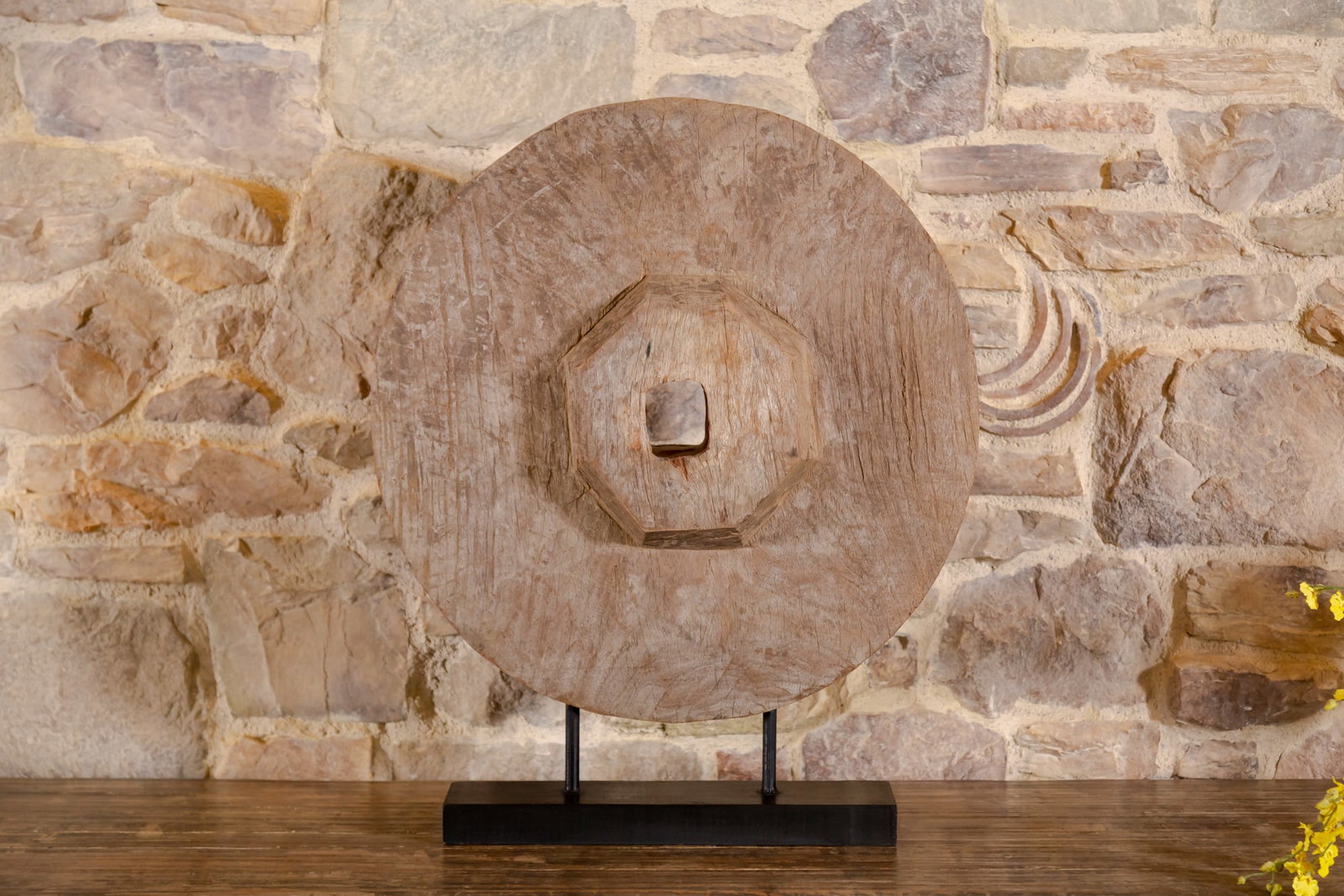 Wooden Wheel: mounted to wood stand 29 1/2 x 44 x 4 1/2 in. (74.9 x 111.8 x 11.4 cm.)