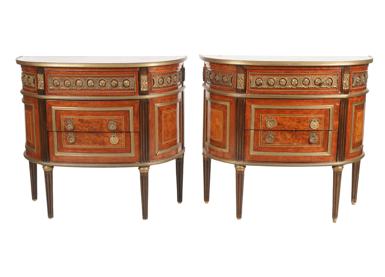 Pair of Louis XVI-Style Parquetry Commodes: 20th century; with gilt metal mounts 31 x 34 x 14 in. (78.7 x 86.4 x 35.6 cm.)
