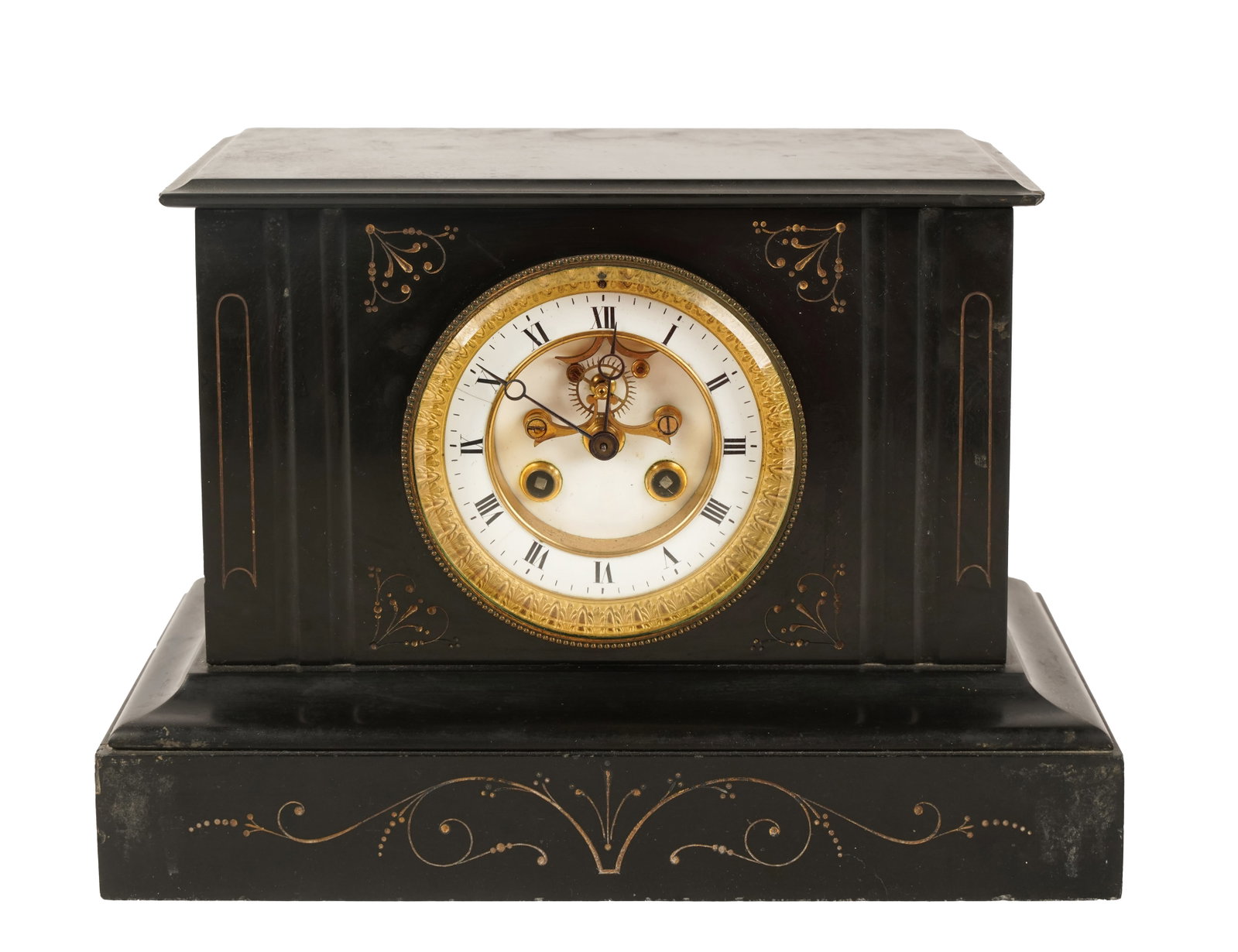 Slate Mantel Clock: with key; the dial and movement unsigned 8 1/2 x 12 x 6 in. (21.6 x 30.5 x 15.2 cm.)