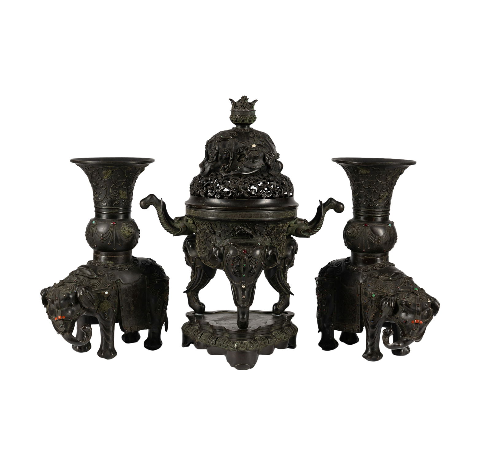 Very Important Chinese Bronze Elephant Censer and Pair of Vases (1 of 20)