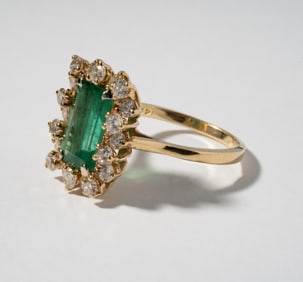14 Karat Yellow Gold, Emerald and Diamond Ring