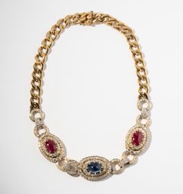 Gucci 18 Karat Yellow and White Gold, Diamond, Sapphire And Ruby Necklace
