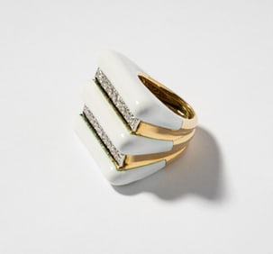 David Webb 18 Karat Yellow Gold and Platinum, White Enamel and Diamond Ring