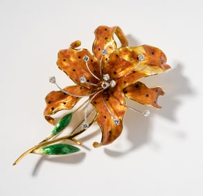 David Webb 18 Karat, Platinum, Diamond and Enamel Tiger Lily brooch