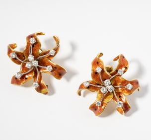 David Webb 18 Karat Yellow Gold, Platinum, Enamel and Diamond Floral Earrings