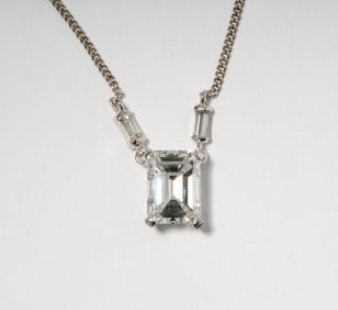 14 Karat White Gold Square Emerald Cut Diamond Necklace