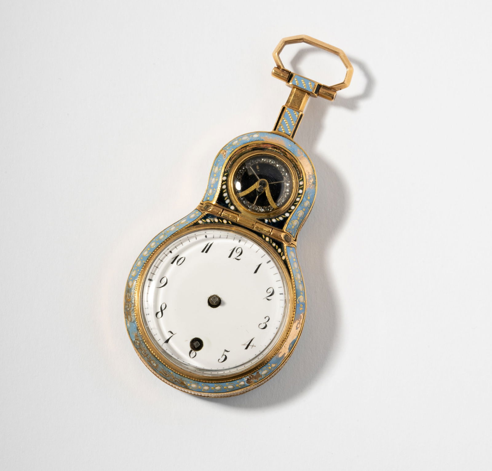 14 Karat Yellow Gold and Enamel Pocket Watch: the case with figural decoration, case tests 14 karat, inside movement base does not test; having 28 single cut diamonds to upper dial; unsigned, with illegible etching; 3 1/4 x 1 1/2 in. (8.3 x 3.8 c
