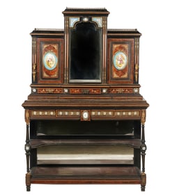 French Porcelain-Inset Thuya Wood and Ebonized Bonheur du Jour