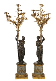 Pair of Continental Patinated and Gilt Bronze Figural Candelabra