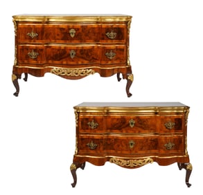 Near-Pair of German Rococo Fruitwood and Giltwood Commodes