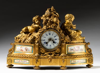 French Porcelain-Inset Gilt Figural Mantel Clock