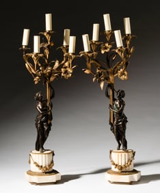 Pair of Continental Neoclassical-Style Figural Five-Light Candelabra