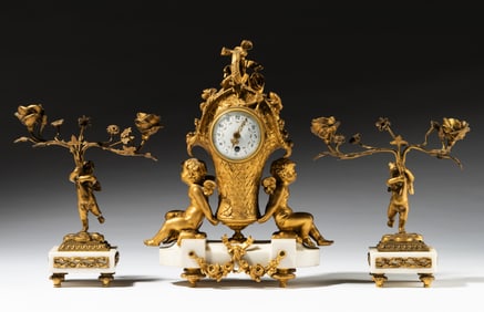 Continental Gilt Bronze and Marble Three-Piece Clock Garniture