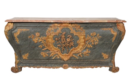Nick Chavez Italian Rococo-Style Gilt and Blue-Painted Bombe Table