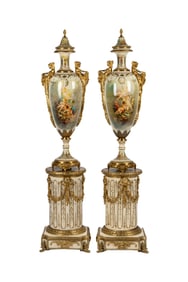 Pair of Sevres-Style Porcelain Vases with Pedestals