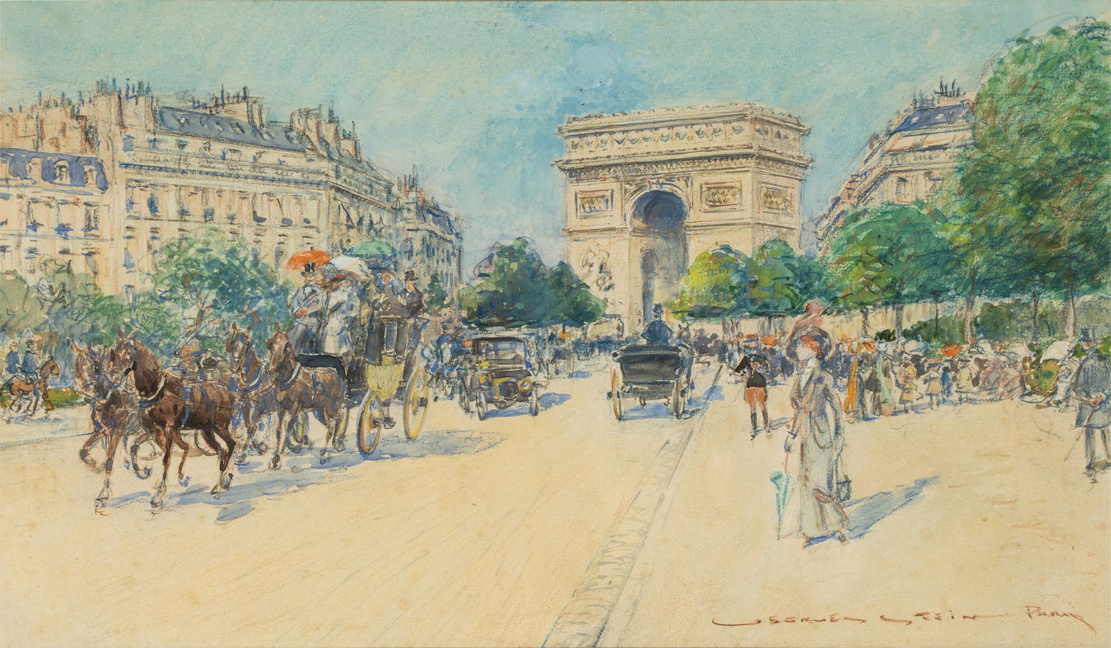 Georges Stein (1870-1930/1955): Place de l'etoile, Paris: Georges Stein French / American 1870-1930 / 1955 Place de l'etoile, Paris watercolor, gouache and pencil on paper signed lower right Sight: 9 1/2 x 16 in. (24.13 x 40.64 cm.), Frame: 20 x 28 in. (50.8