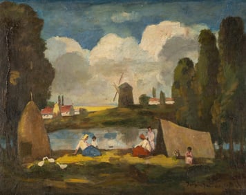 Bela Ivanyi Grunwald (1867-1940): Figures in a Landscape with Windmill