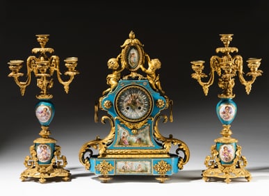 French Gilt Bronze and Porcelain Three-Piece Clock Garniture