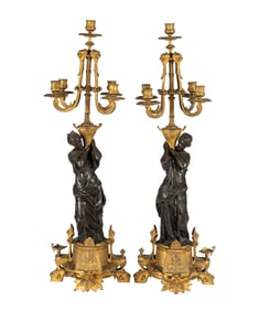 Pair of Empire-Style Patinated and Gilt Metal Figural Five-light Candelabra