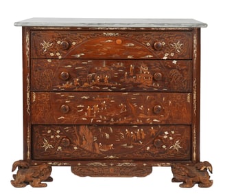 Chinese Carved and inlaid Marble-Top Chest of Drawers
