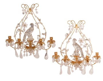 Pair of Maison Bagues-Style Rock Crystal Parrot Sconces