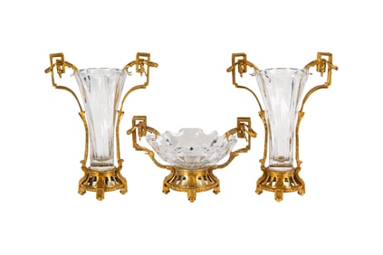 Gilt Metal-Mounted Crystal Three-Piece Garniture Set