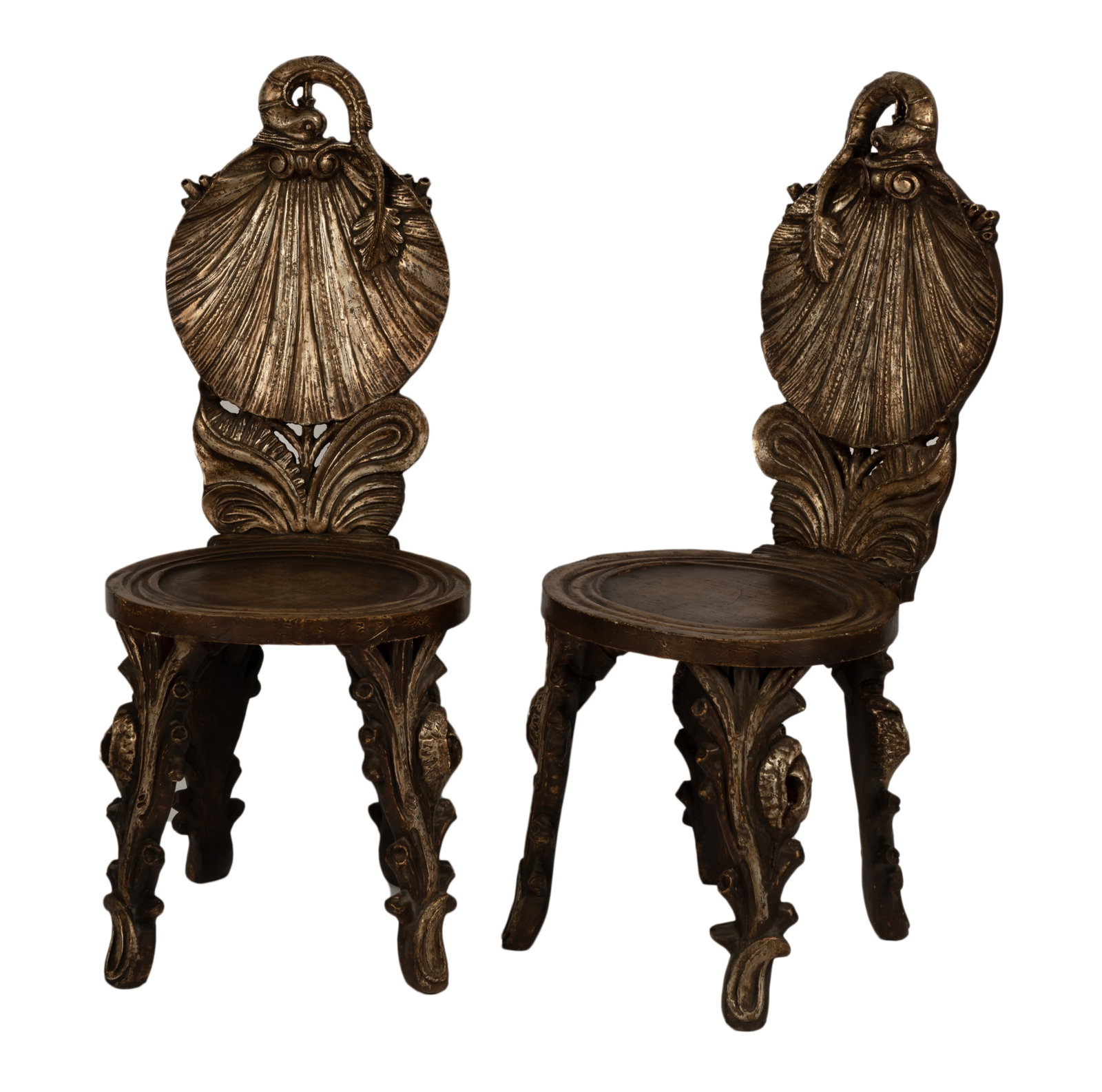 Pair of Carved Giltwood Grotto Side Chairs: late 20th/21st century Each 41 x 17 x 19 in. (104.1 x 43.2 x 48.3 cm.) Seat Height: 19 in.
