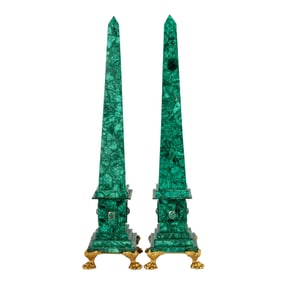 Pair of Malachite-Veneered Obelisks