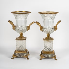 Pair of Gilt Metal-Mounted Cut Glass Urns
