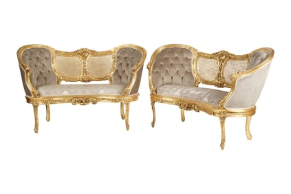 Pair of Rococo-Style Caned Giltwood Settees