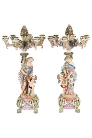 Pair of Meissen-Style Porcelain Six-Light Figural Candelabra