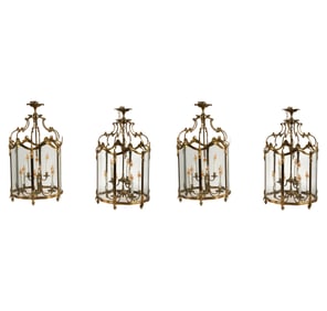 Four Bronze and Glass Lantern Ceiling Light Fixtures