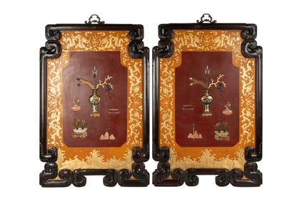 Pair of Chinese Carved and Inlaid Panels