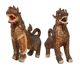Pair of Asian Carved, Painted and Gilt Wood Foo Lions