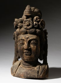 Nick Chavez Chinese Carved Wood Boddhisattva Guanyin Head
