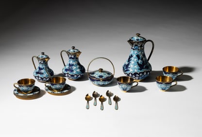 Soviet Russian Gilt .916 Silver and Cloisonne Tea Service