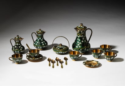 Soviet Russian Gilt .916 Silver and Cloisonne Tea Service for Six