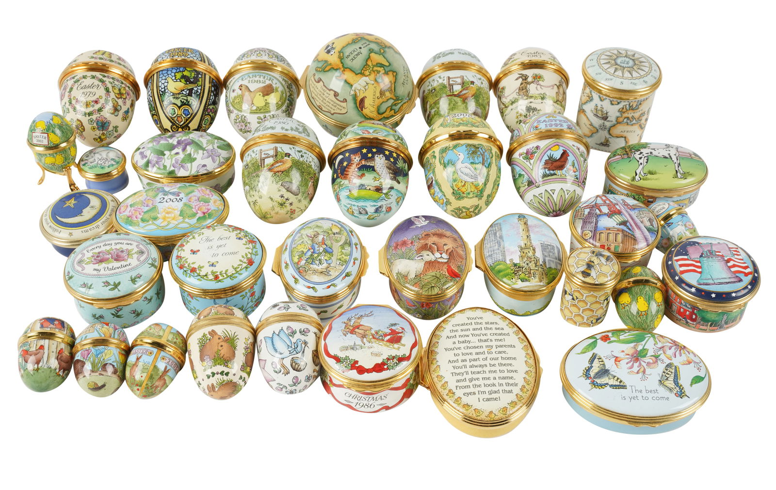 Collection of 35 Halcyon Days Pill Boxes: each marked Ranging from 3 in. (7.6 cm.) to 1 in. (2.5 cm.) wide