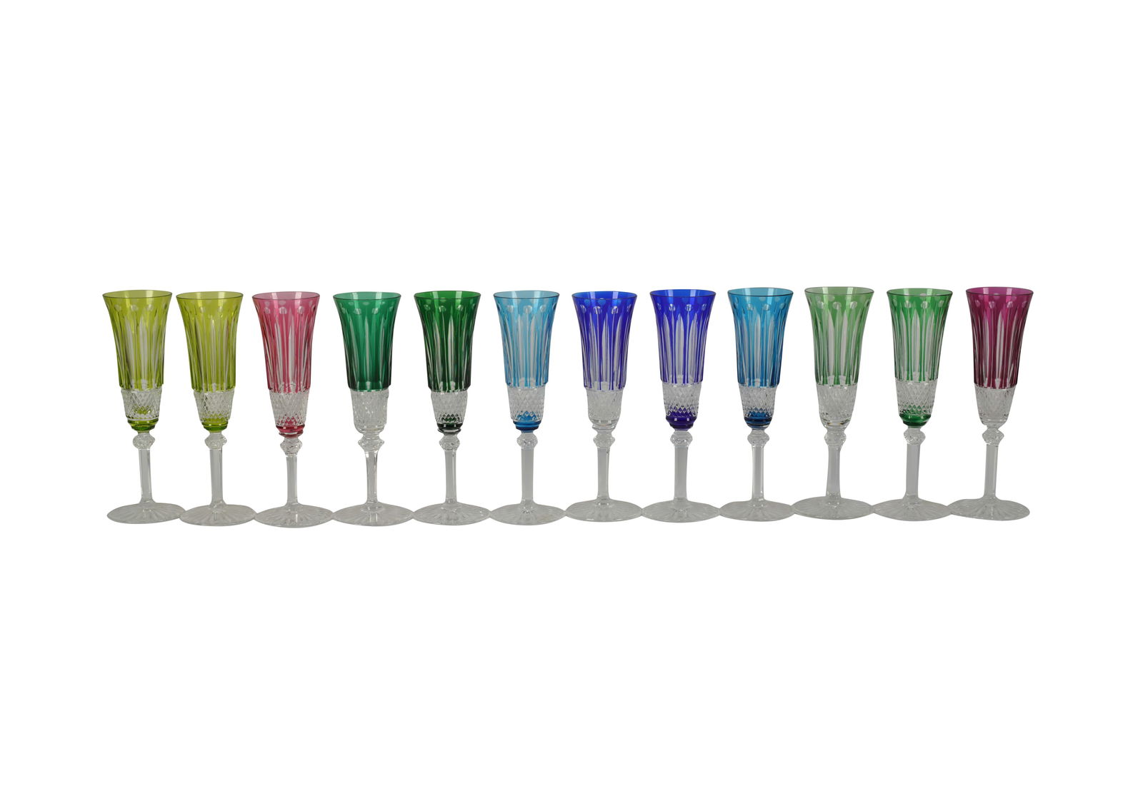 Set of Twelve Saint Louis Colored Crystal Champagne Flutes (1 of 8)